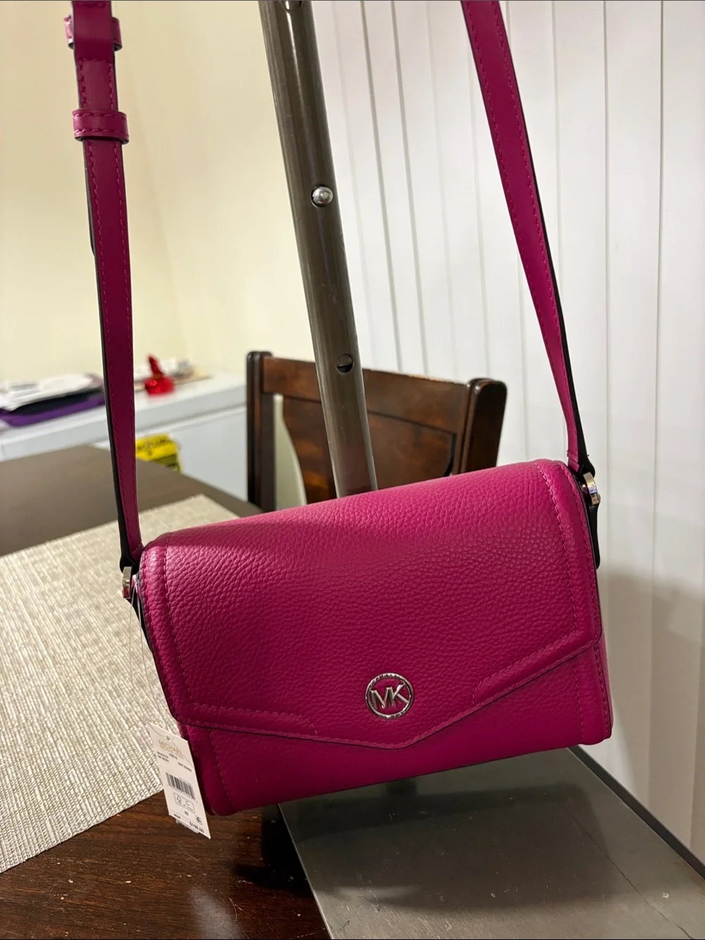 Michael Kors Fuchsia Pebbled Leather Crossbody Key & Card Holder